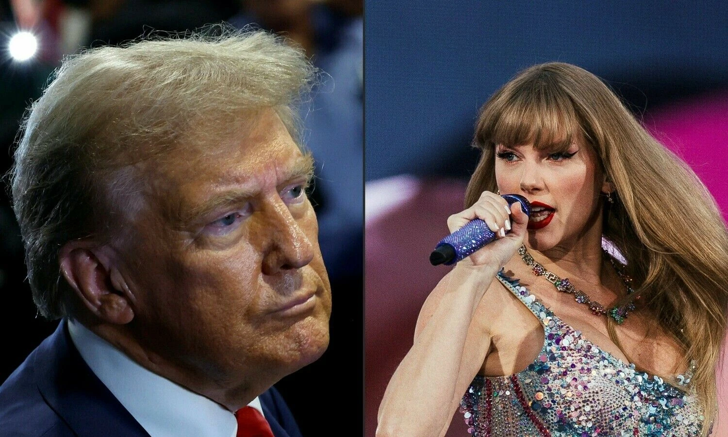 Po D. Trumpo pasisakymo apie T. Swift, jos gerbėjai sėkmingai renka lėšas K. Harris rinkiminei kampanijai. Kevino Dietscho ir Andre'o Dias Nobre (AFP/ „Scanpix“) nuotr.