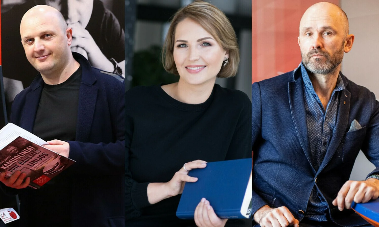 Iš kairės: D. Dargis, žurnalistas, rašytojas, R. Elijošaitytė-Kaikarė, Lietuvos leidėjų asociacijos vykdomoji direktorė, Robertas Petrauskas, TV laidų vedėjas, rašytojas. VŽ koliažas.