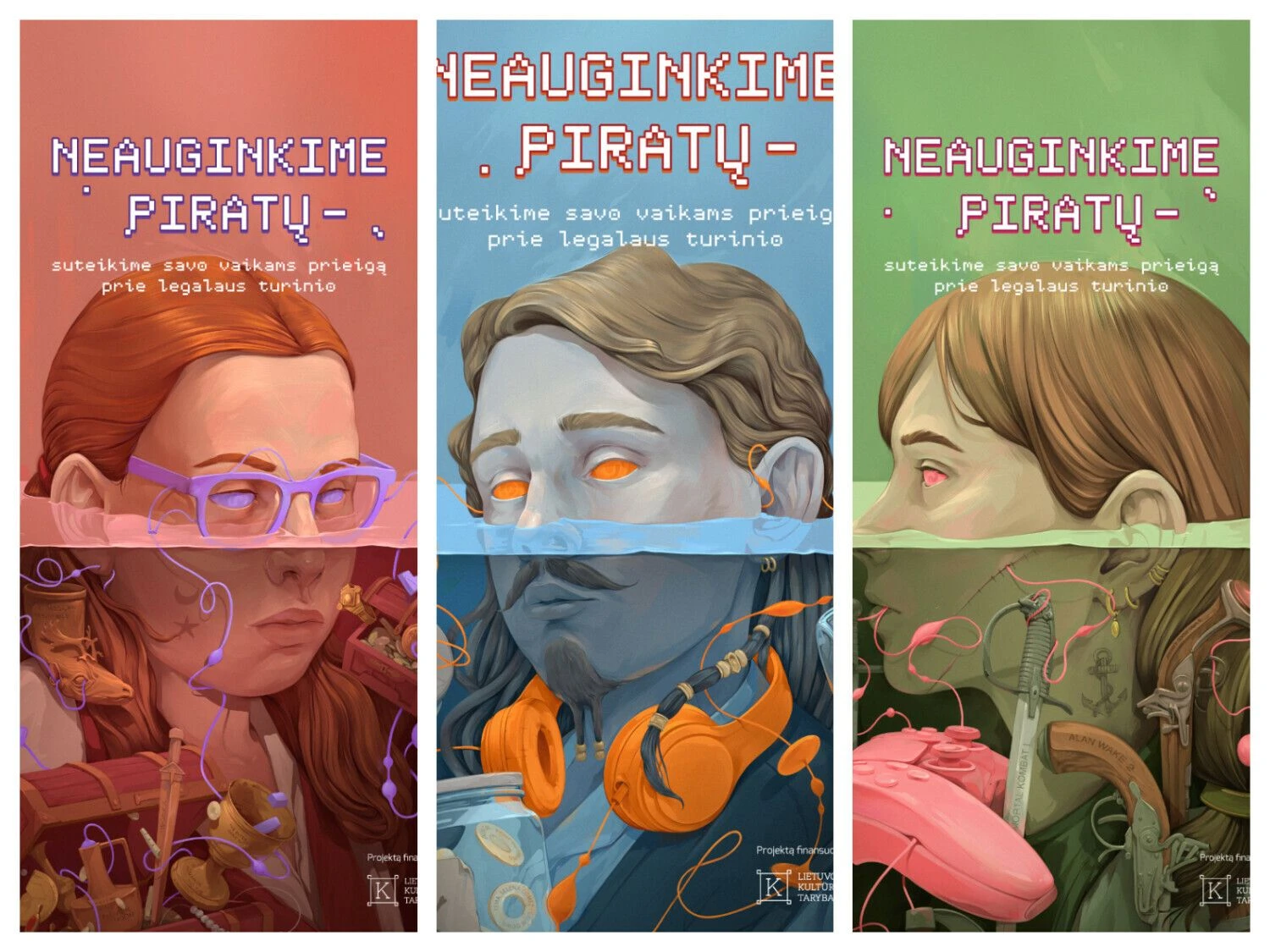 Socialinės reklaminės kampanijos „Neauginkime piratų“ plakatai. Autorius – dizaineris ir iliustruotojas Laurynas Kamarauskas.