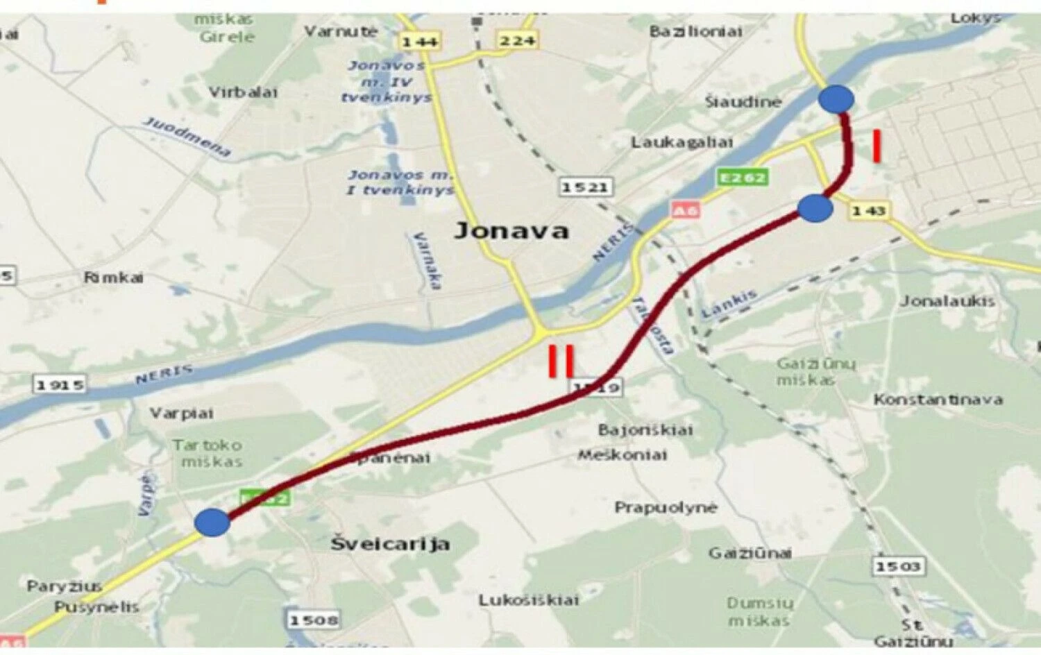 Jonavos aplinkkelio planas su pažymėtais I-uoju ir II-uoju etapais. Susisiekimo ministerijos schema.