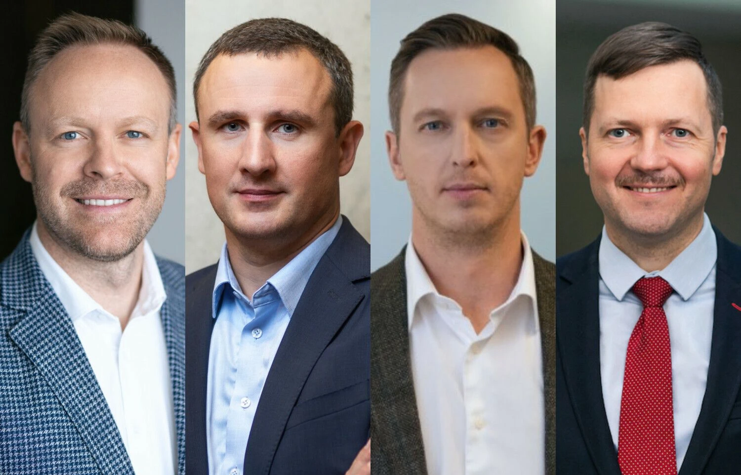 Iš kairės: M. Mikalajūnas, „smeGO“ vadovas, D. Tamašauskas, „Luminor“ verslo klientų skyriaus vadovas, D. Vaičikonis, „Finpro“ vadovas, L. Armalys, „Noviti Finance“ vadovas. VŽ koliažas.