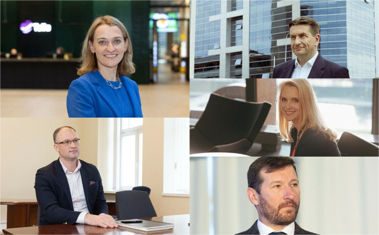VŽ koliažas (iš kairės): Giedrė Kaminskaitė-Salters, „Telia Lietuvos“, Marius Arlauskas, Medicinos banko, Darius Maikštėnas, „Ignitis grupės“, Inga Skisaker, „Swedbank“, ir  Marius Švaikauskas, Lietuvos automobilių kelių direkcijos, vadovai.