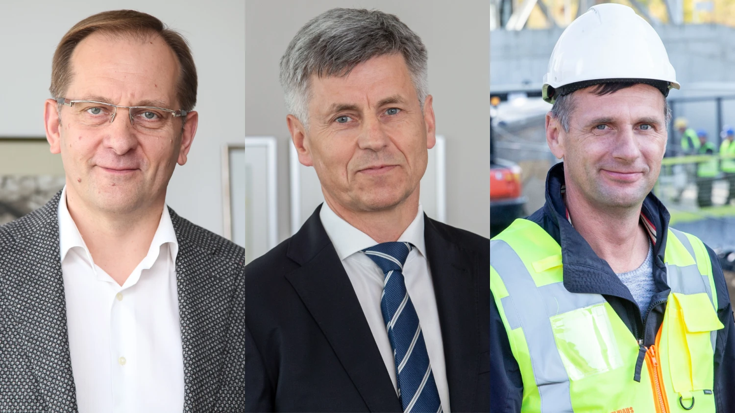 Iš kairės: Arūnas Šlenys, statybos UAB „Naresta“ generalinis direktorius, Dalius Gedvilas, Lietuvos statybininkų asociacijos prezidentas, ir Danas Zykus, sudėtingų pamatų projektavimo ir statybos UAB „Vilniaus rentinys“ vadovas. VŽ koliažas.