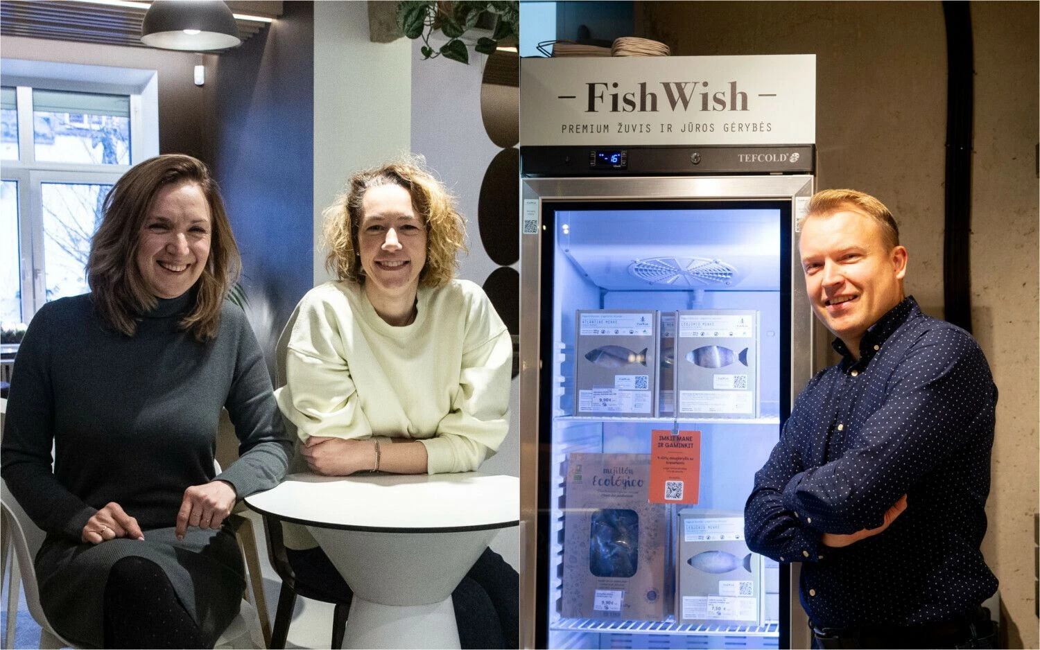 VŽ koliažas. Julija Pangonienė (kairėje) ir Ramunė Vaitekonytė, UAB „Italala kava“ įkūrėjos, bei Martynas Kaminas, MB „Valgyk žuvį“ savininkas, jau perprato savo ir samdomo darbo skirtumus.