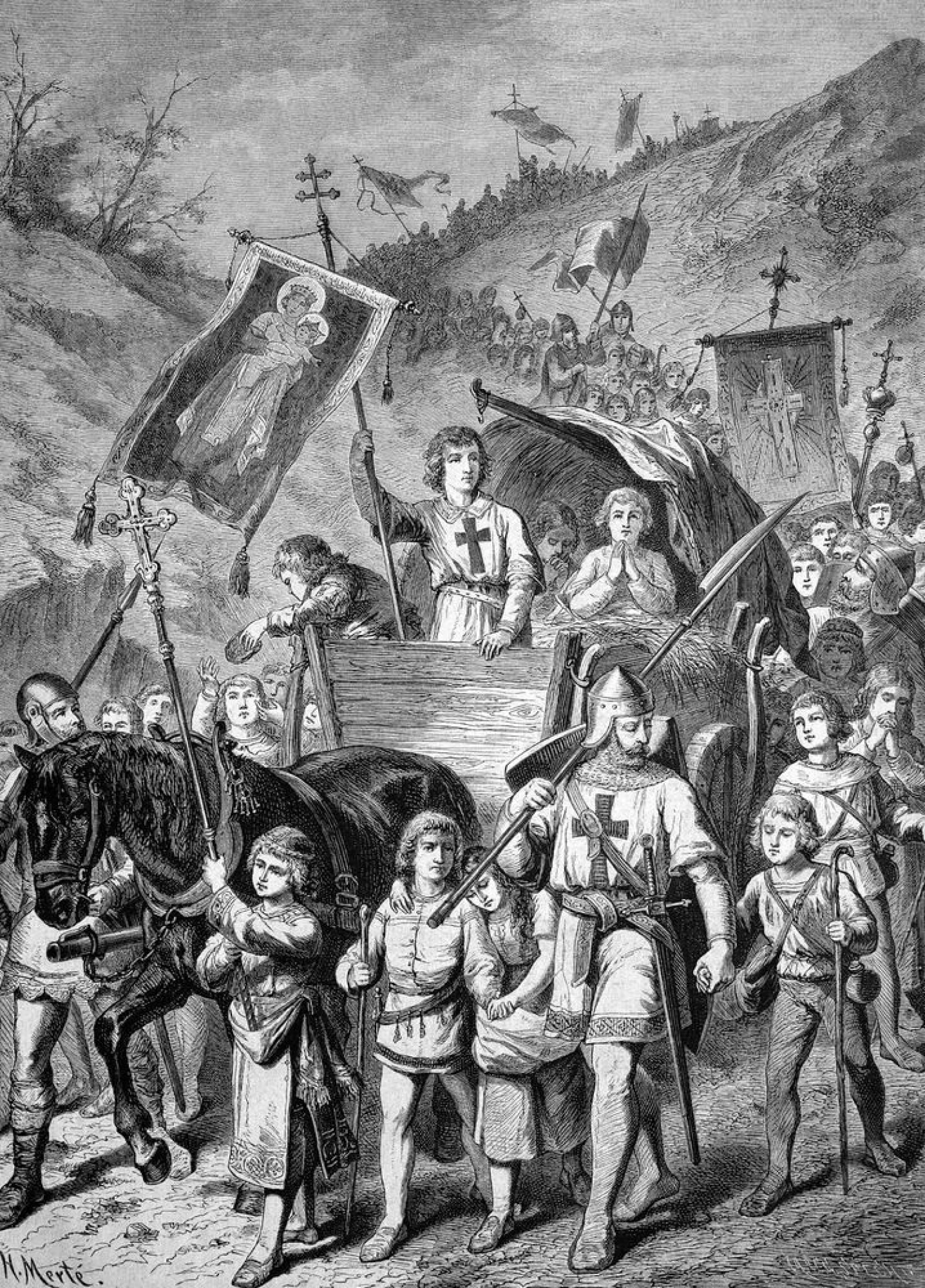 Vaikų kryžiaus žygis. Graviūra pagal Heinricho Merte piešinį. 