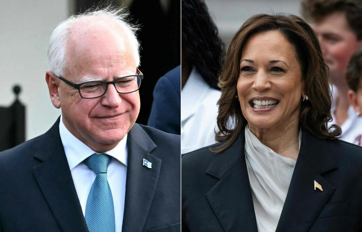 Minesotos gubernatorius Timas Walzas ir JAV viceprezidentė ir kandidatė į prezidentus Kamala Harris. Jimo Watsono ir Chriso Kleponio (AFP/„Scanpix“) nuotr.