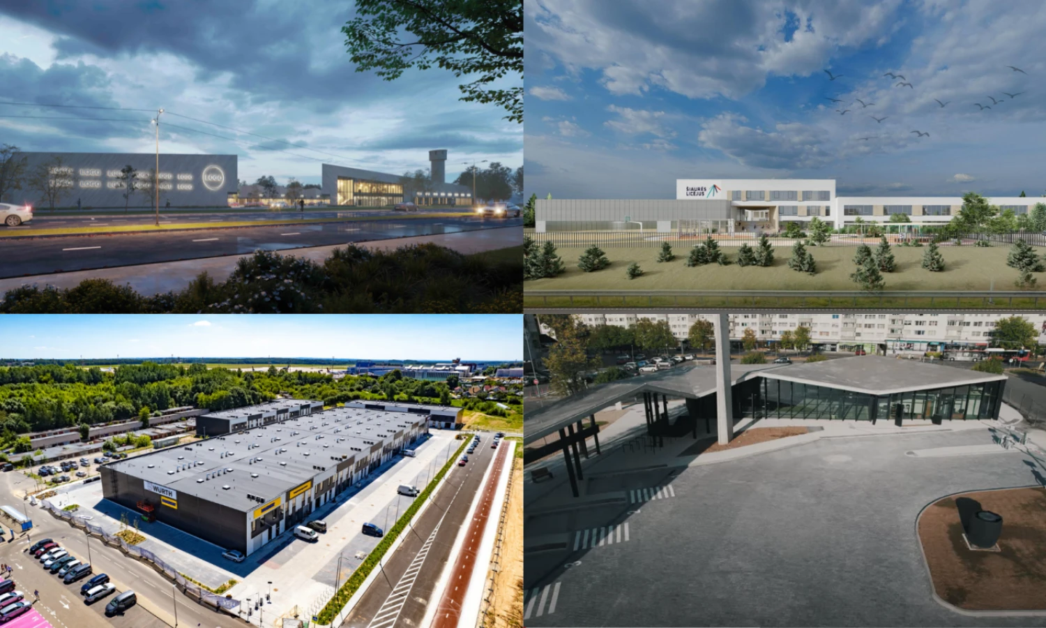 Prekybos parkas „Tower“, Šiaurės licėjaus mokykla, „Vikingų verslo slėnis“, Panevėžio autobusų stotis. VŽ koliažas.