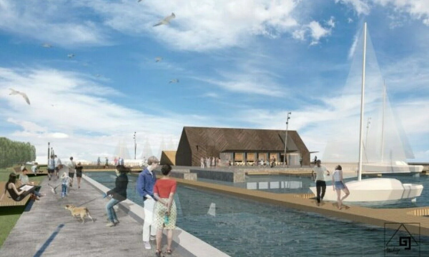 Naujoji Juodkrantės keleivinių laivų uosto prieplaukos marina (arch. G. Janulytė-Bernotienė, G. Zykuvienė). Vizualizacija.