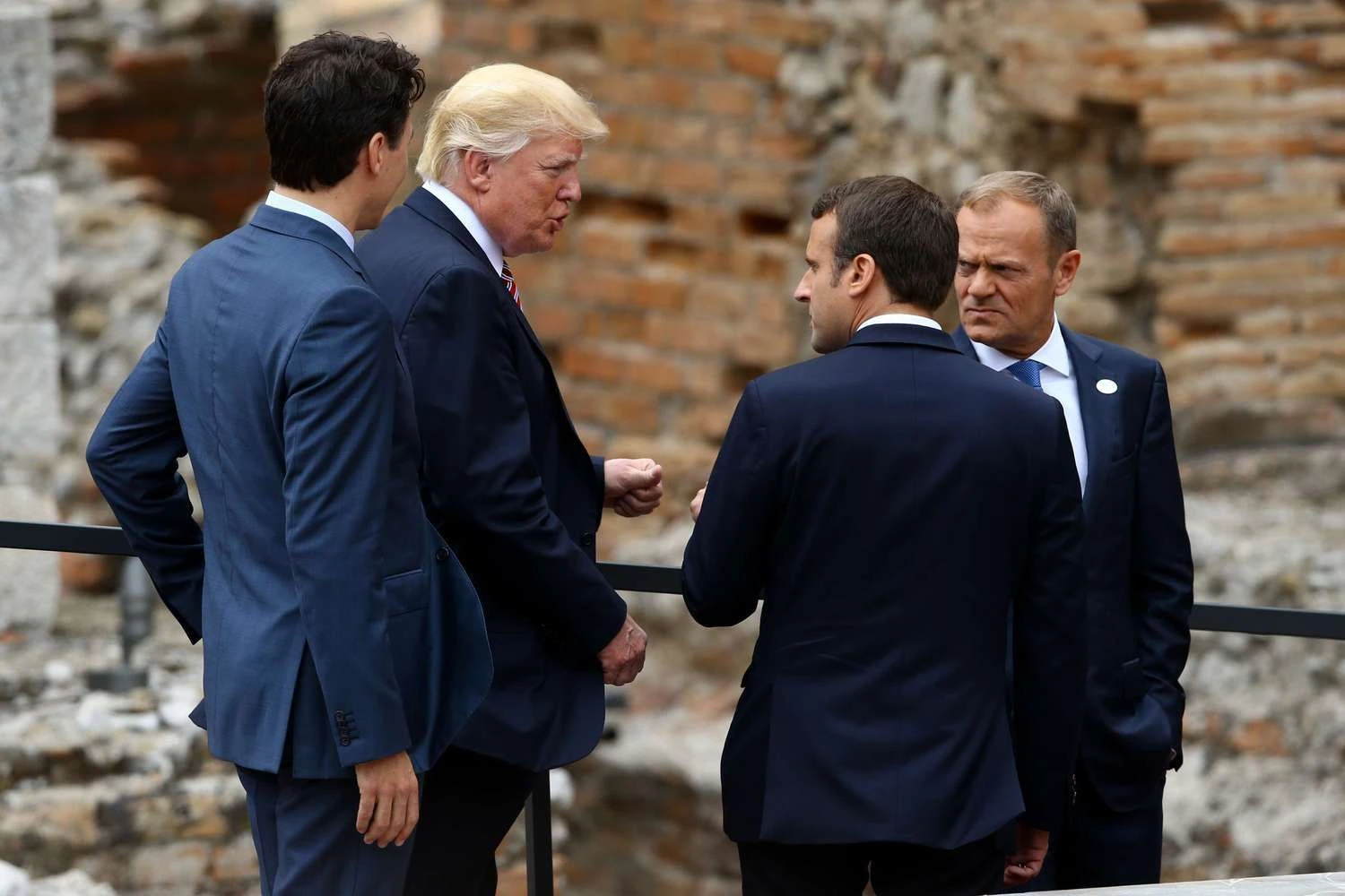 The President of the United States of America Donald Trump with the President of the French Republic Emmanuel Macron during the welcome ceremony and the photo family at Greek Theatre during the G7 Summit 2017 in Tarmina, Italy.  Matteo Ciambelli / Sipa Press 