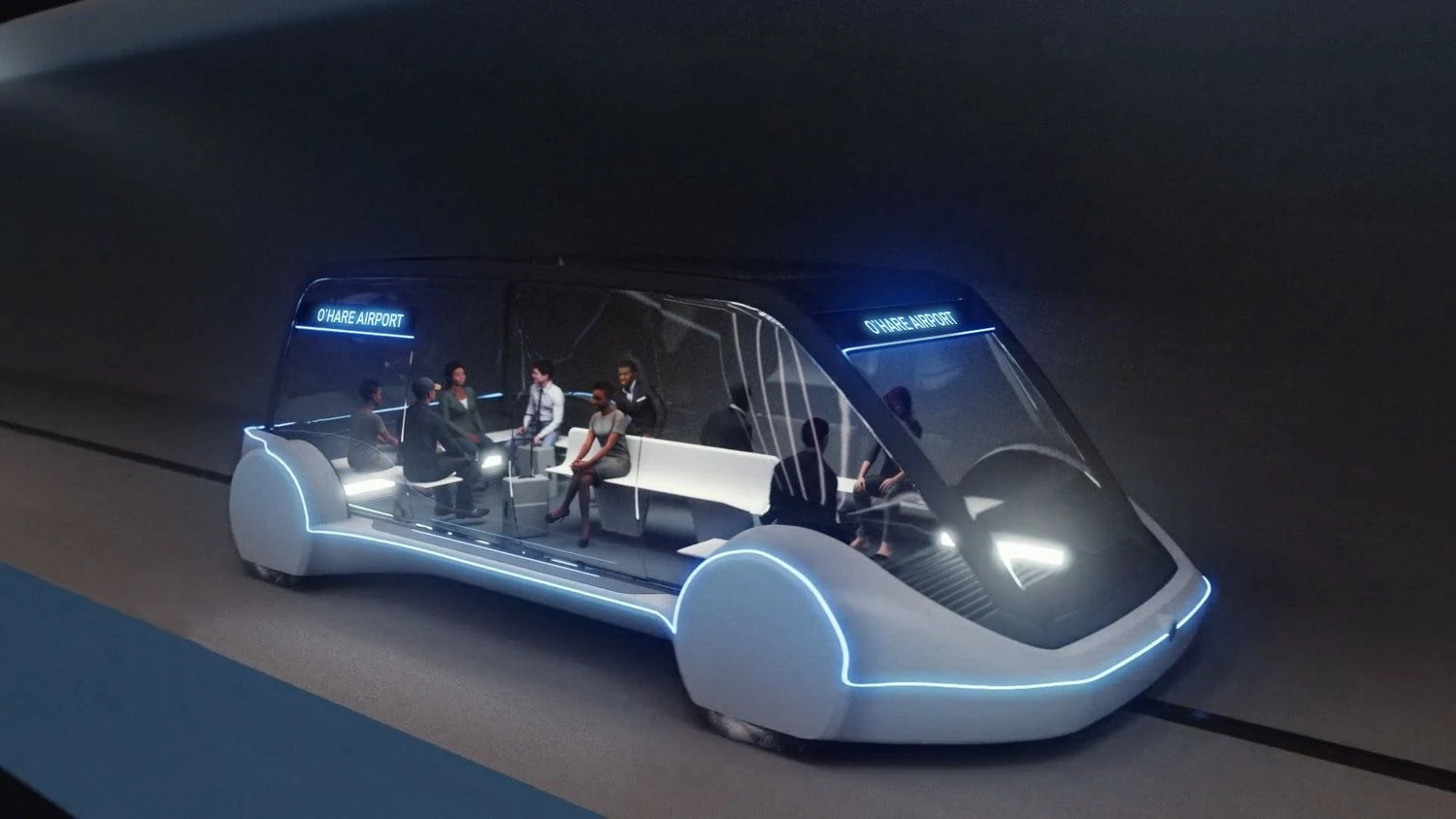 Tokie greiteigiai vagonėliai turėtų sujungti Čikagos senamiestį su O'Haros oro uostu. „Boring Company“ vizualizacija.