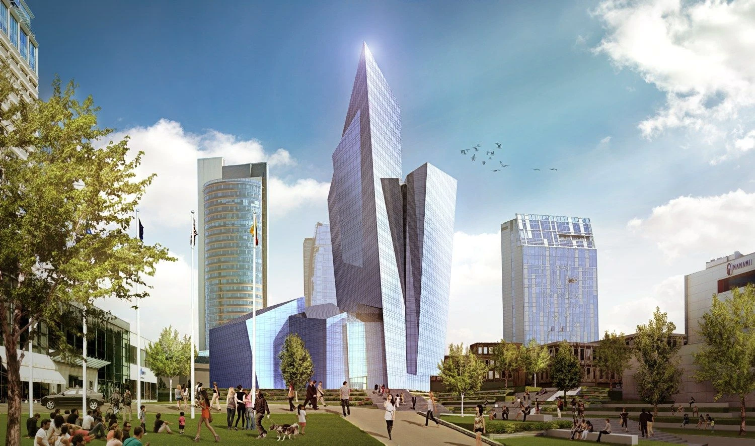 „Studio Libeskind“ projektas turėtų iškilti Konstitucijos pr. tarp Vilniaus universalinės centrinės parduotuvės ir viešbučio „Radisson SAS Blue“. 