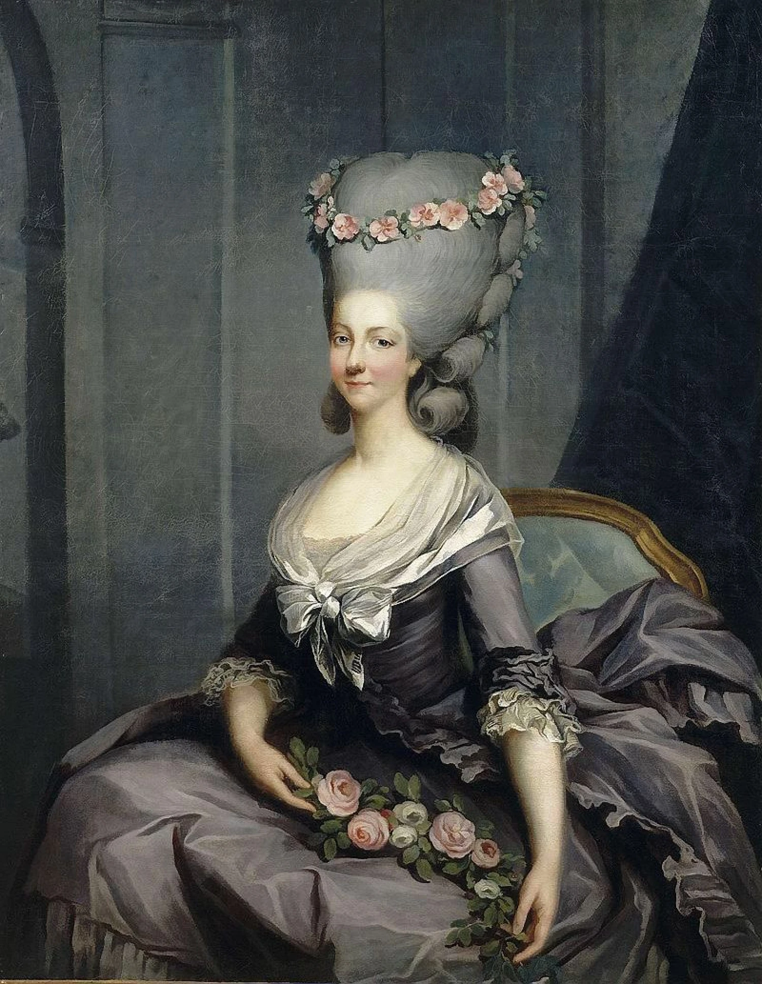 Prancūzų didikės Marie Therese de Savoie-Carigan šukuosena XVIII a. antroje pusėje buvo visų nuostabiausia. Francois Callet paveikslas 1776 m.
