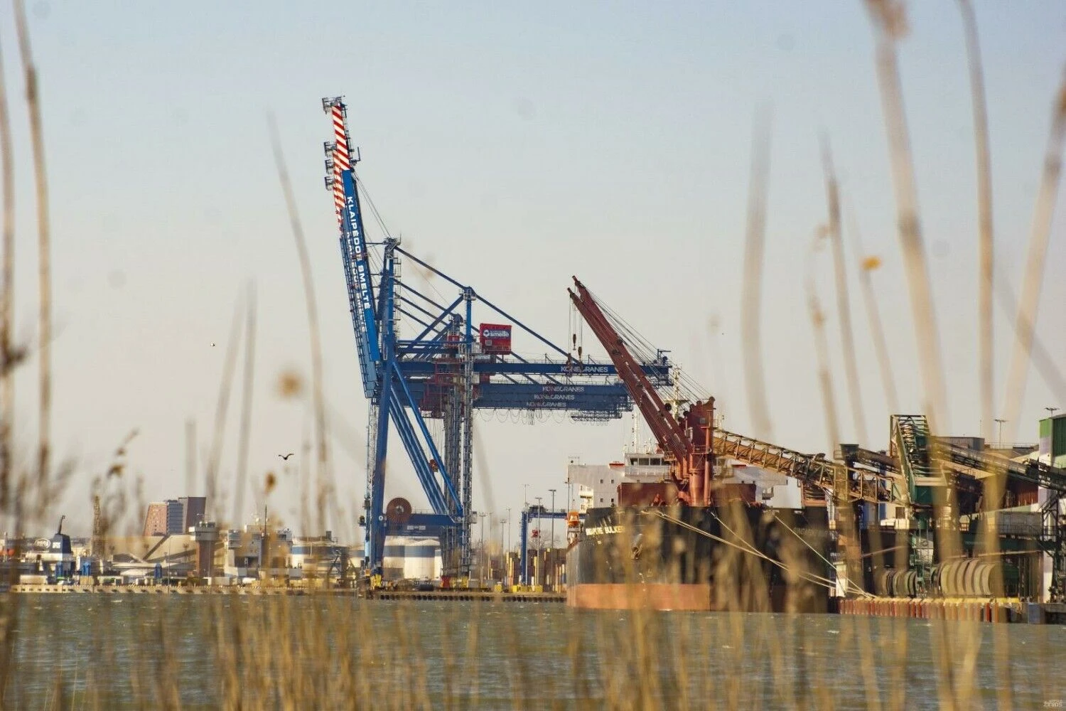 Klaipedos jūrų uostas. „Klaipėdos Smeltė” kranai ir  "Birių krovinių terminalas". Algimanto Kalvaičio nuotr.