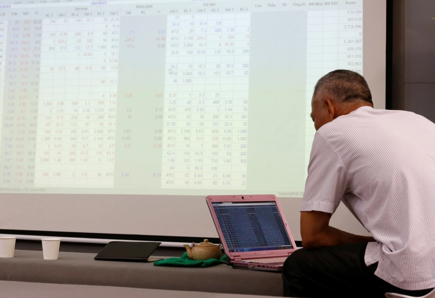 An investor looks at a screen showing stock board information at a securities company in Hanoi, Vietnam July 6, 2018. Picture taken July 6, 2018. REUTERS/Kham