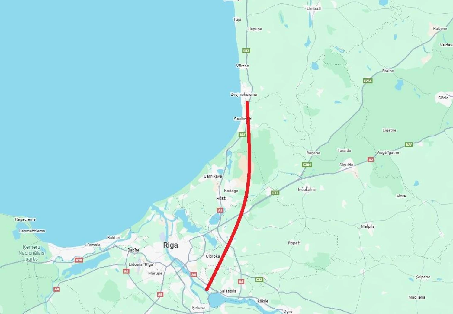 Ruožas tarp Salaspilso ir Skultės. „Google Maps“ ekrano nuotrauka.