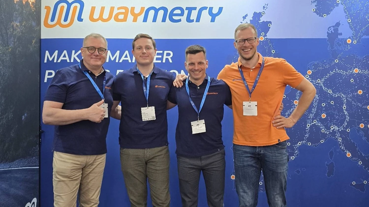 „Waymetry“ atstovai parodoje „transport logistic 2025“ Miunchene: Linas Sologubas, direktorius, Simas Sologubas, marketingo direktorius, Tomas Vaitiekūnas, pardavimų direktorius, Egidijus Paulauskas, operacijų direktorius.