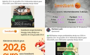 Melagingos reklamos „Facebooke“. „Kantar“ stebėsenos, bankų duomenys.