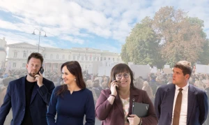 Iš kairės: R. Puchovičius, „Nemuno aušros“ frakcijos Seime seniūno pavaduotojas, R. Ruginienė, premjerė, O. Leiputė, socialdemokratų frakcijos Seime seniūnė, ir R. Žemaitaitis, „aušriečių“ lyderis. VŽ koliažas