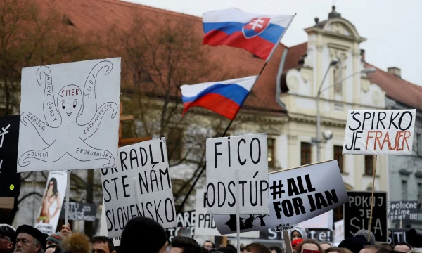 Demonstrators attend a protest called "Let's stand for decency in Slovakia" in reaction to the murder of Slovak investigative reporter Jan Kuciak and his fiancee Martina Kusnirova, in Bratislava, Slovakia March 9, 2018. REUTERS/Radovan Stoklasa