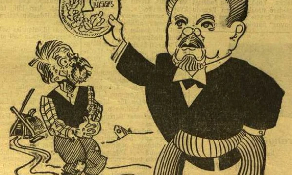 Krizės laikotarpio karikatūra, pašiepianti, valstiečio požiūriu, beprasmišką lito tvirtumą.Laikraštis „Diena“, 1935 m. vasario 17 d. „Epaveldas“