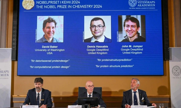 2024 m. Nobelio chemijos premijos laureatai. Jonathano Nackstrando (AFP / „Scanpix“) nuotr.