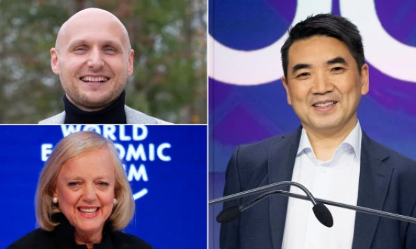 Tomas Okmanas, programavimo UAB „360 IT“ direktorius ir vienas iš „Tesonet“ įkūrėjų, Meg Whitman, buvusi „Quibi“ CEO, ir Ericas Yuana, „Zoom Video Communications“ vadovas. VŽ ir „Scanpix“ nuotr.