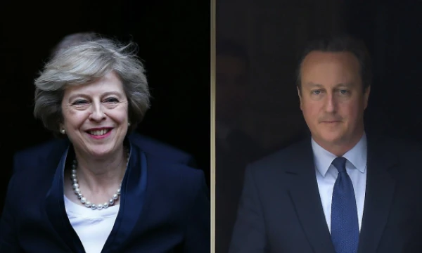 Theresa May, naujoji britų premjerė, ir Davidas Cameronas, buvęs JK ministras pirmininkas. VŽ montažas („Reuters“ / „Scanpix“ nuotr.).