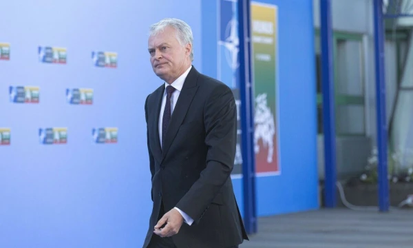 Lietuvos Prezidento Gitano Nausėdos komentaras žiniasklaidai NATO viršūnių susitikimo Vilniuje metu. Juditos Grigelytės (VŽ) nuotr.