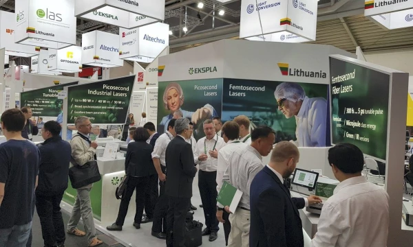 Lietuvos stendas parodoje „Laser World of Photonics 2019“ Miunchene. Lauryno Ūkanio („Ekslpa“) nuotr. 