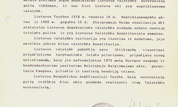 Aktas dėl Lietuvos nepriklausomos valstybės atstatymo, faksimilė. Lietuvos Respublikos Seimo archyvo nuotr. 