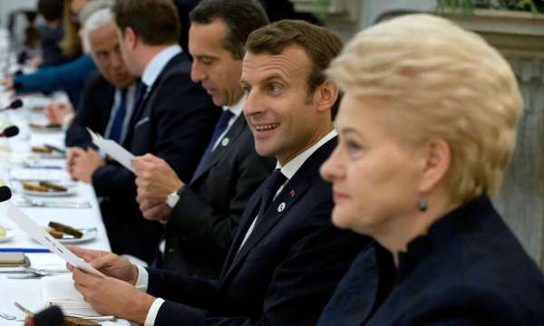 French President Emmanuel Macron and Lithuania's President Dalia Grybauskaite (R) attend a dinner in Tallinn ahead of an informal European Union leaders summit, Estonia September 28, 2017. REUTERS/Virginia Mayo