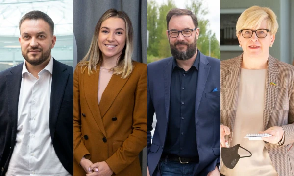 J. Adomavičius, „Bunastos“ vadovas, V. Čijunskytė, „Profitus“ vadovė, K. Kaikaris, „CityBee“ platformos vadovas, premjerė I. Šimonytė (iš kairės) . VŽ montažas