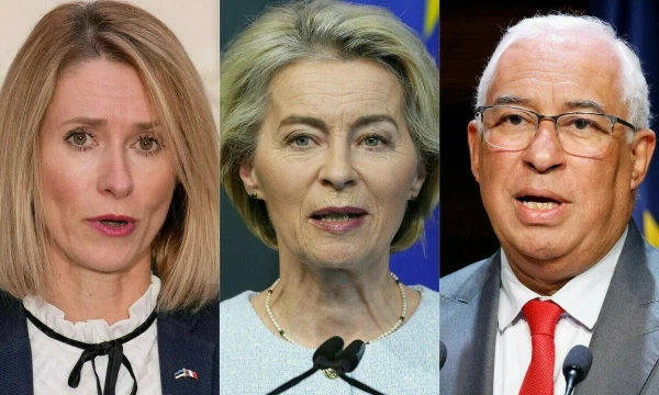 Kaja Kallas, Estijos premjerė, EK pirmininkė Ursula von der Leyen ir buvęs Portugalijos premjeras Antonio Costa. (AFP/„Scanpix“) nuotr.