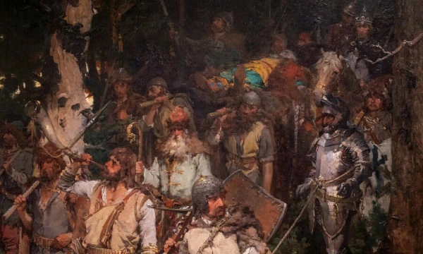 „Gedimino laidotuvės“, fragmentas. Kazimieras Alchimavičius (Kazimierz Alchimowicz). Valdovų rūmų muziejaus nuotr.