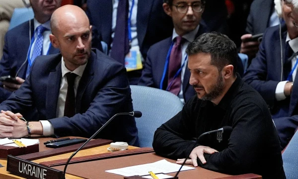 Volodymyras Zelenskis, Ukrainos prezidentas, dalyvauja Jungtinių Tautų Saugumo tarybos susitikime Niujorke. Julios Demaree Nikhinson („Reuters“ / „Scanpix“) nuotr.