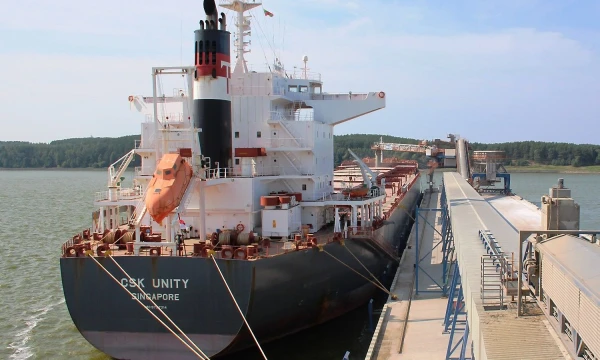 „Begoje“ baigtas krauti „Panamax“ laivas, išplukdęs pirmąją šių metų derliaus lietuviškų kviečių siuntą. Bendrovės nuotr.