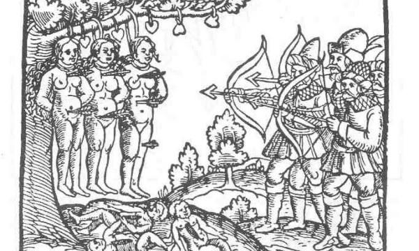 Maskvėnų žiaurumai. Iliustracija, publikuota Niurnberge, 1561 m. Šaltinis: „Wikipedia“.