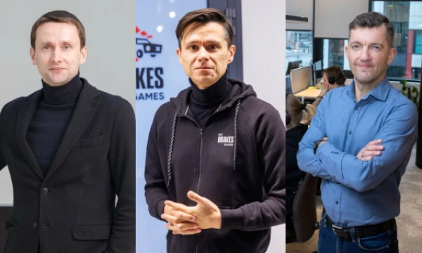 Iš kairės – Mantas Katinas, „Wargaming Vilniaus“ vadovas, Gediminas Tarasevičius, Lietuvos žaidimų kūrėjų asociacijos vadovas, ir Simonas Stūrys, „Nordcurrent“ rinkodaros vadovas. VŽ koliažas.