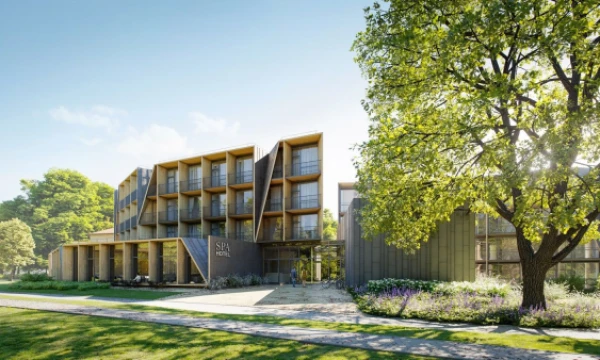 Planuojama, kad naujasis SPA viešbutis Druskininkuose, Ratnyčėlės ir Nemuno upių santakoje, duris atvers 2019 m. rudenį arba žiemą. Viešbučio vizualizacija.