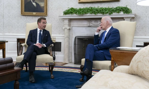 Joe Bidenas, JAV prezidentas ir Švedijos ministras pirmininkas Ulfas Kristerssonas. Chriso Kleponio („Reuters“ / „Scanpix“) nuotr.
