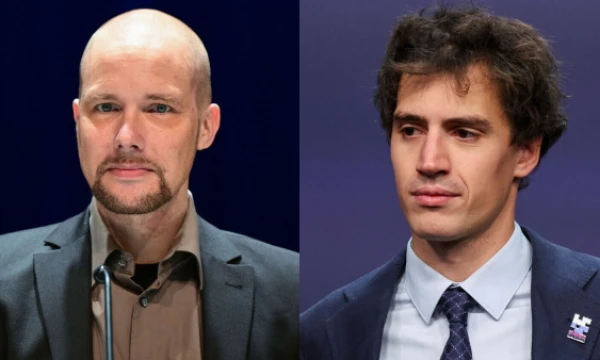 Jonas Andrulis, „Aleph Alpha“ įkūrėjas bei vadovas, ir Arthuras Menschas, „Mistral AI“ vienas įkūrėjų ir vadovas. Berndo Weissbrodo („dpa“ / „Scanpix“) ir Toby Melville'io (AP / „Scanpix“) nuotr.
