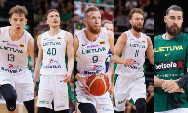 Iš kairės: Rokas Jokubaitis, Marius Grigonis, Ignas Brazdeikis, Domantas Sabonis, Jonas Valančiūnas. Eriko Ovčarenko (BNS) nuotr., VŽ koliažas.