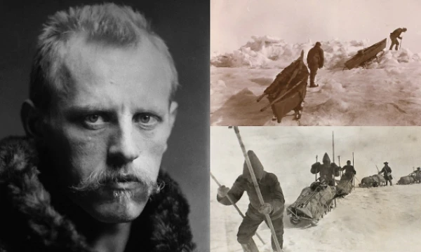 Norvegų keliautojas Fridtjofas Nansenas (kairėje) kartu  su savo vyrais traukė roges su įranga daugiau kaip 500 km skersai Grenlandiją. „frammuseum.no“ nuotr. 