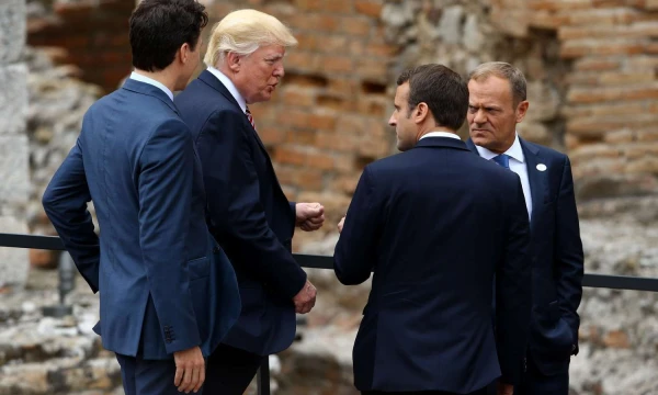 The President of the United States of America Donald Trump with the President of the French Republic Emmanuel Macron during the welcome ceremony and the photo family at Greek Theatre during the G7 Summit 2017 in Tarmina, Italy.  Matteo Ciambelli / Sipa Press 