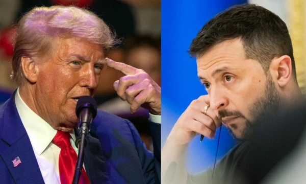 Donaldas Trumpas, kandidatas į JAV prezidentus, ir Volodymyras Zelenskis, Ukrainos prezidentas. Rebecos Droke, Christopho Soedrio (AP/ dpa / „Scanpix“) nuotr., VŽ montažas