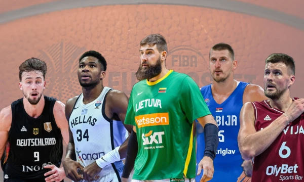 Iš kairės: Franzas Wagneris, Giannis Antetokounmpo, Jonas Valančiūnas, Nikola Jokičius, Kristapas Porzingis. BNS/„Scanpix“ nuotr., VŽ koliažas